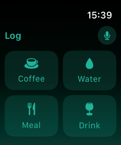 Apple Watch Log page: a grid of Coffee, Water, Meal and Drink tiles with a dictation button